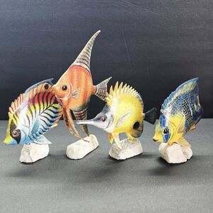 4 Hand Carved Hand Painted Tropical Fish on Real Coral Base 6" x 6" x 2"